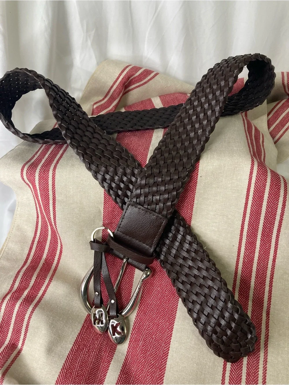 Michael Kors Dark Brown Woven Leather Belt with Silver-Tone MK Charms